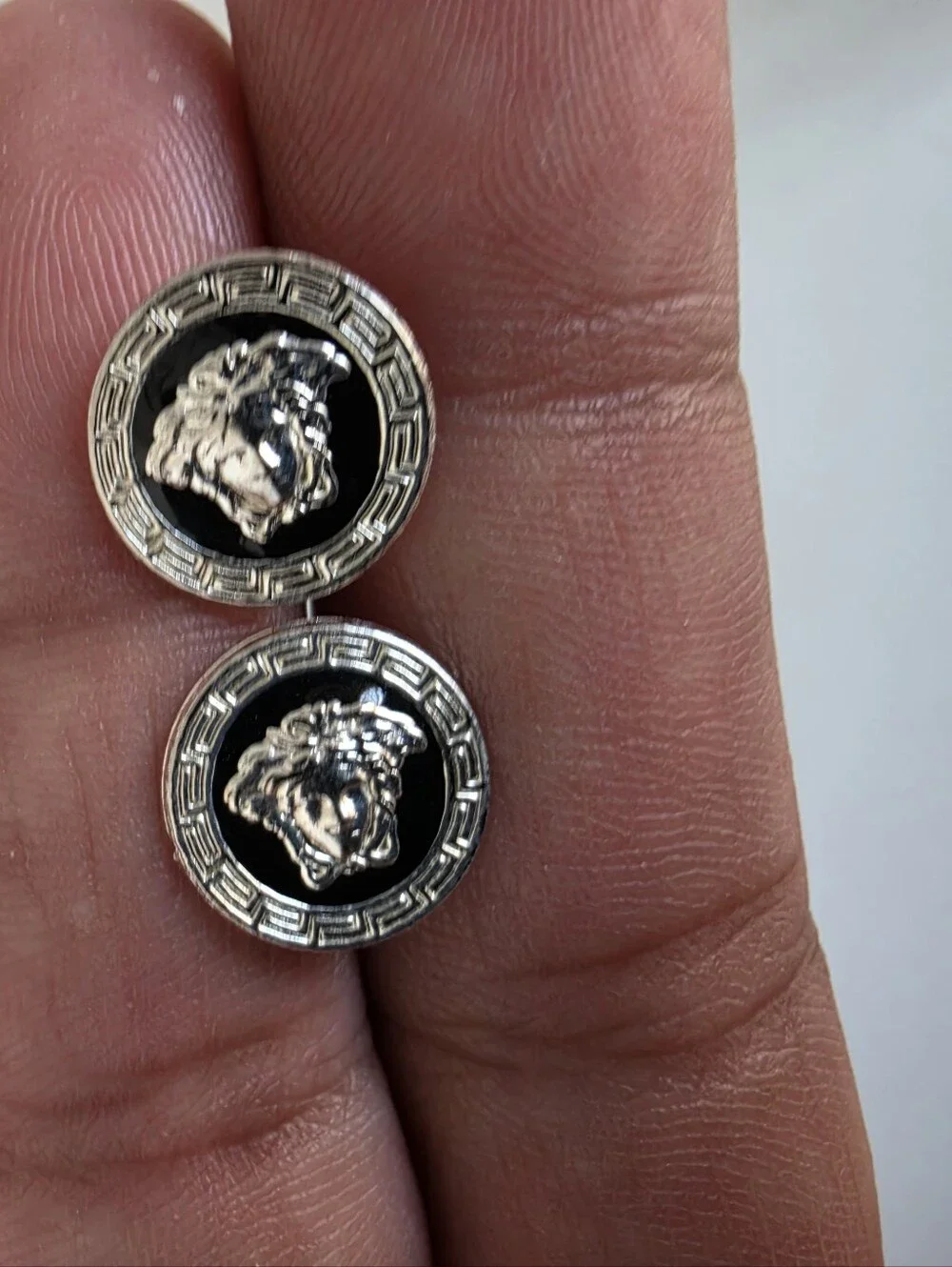 925 Sterling Silver Medusa Stud Earrings Greek Key Black Enamel